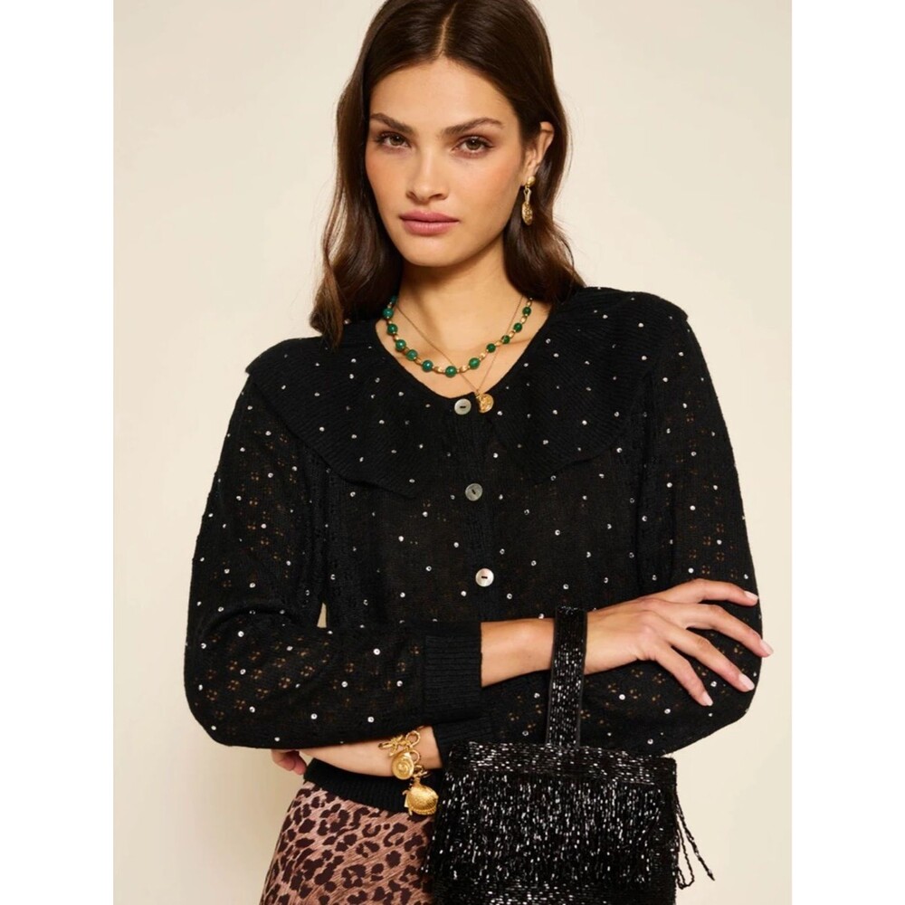 RIXO Jelena Embellished Knitted Cardigan Sweater Black Ruffle Size Small NWT NEW